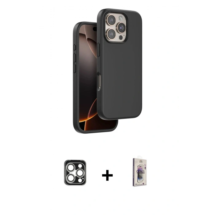 MARSİLYAN™- iPhone 16 Pro Max Kılıf Kıvılcım Çizgi Serisi - Siyah Bilvis 3D Cam Ekran Koruyucu + PVD Metal Kamera Lens - GS