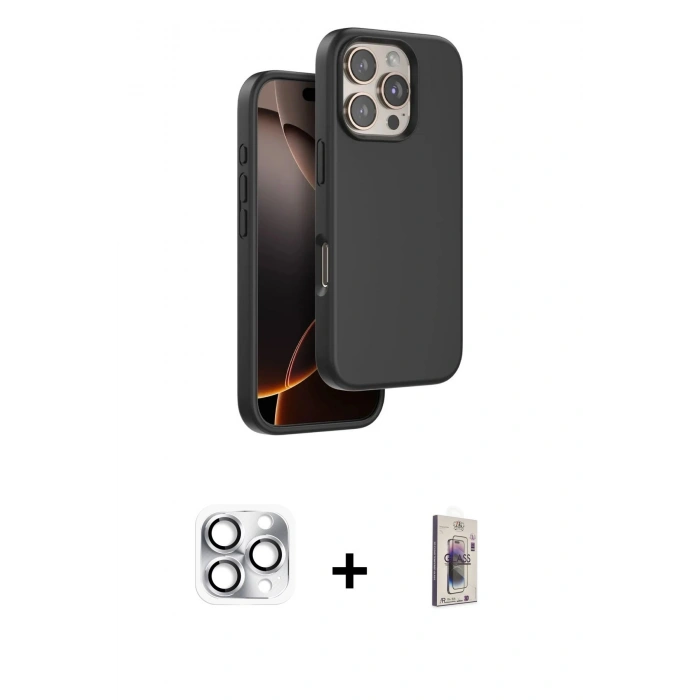 MARSİLYAN™- iPhone 16 Pro Max Kılıf Kıvılcım Çizgi Serisi - Siyah Bilvis 3D Cam Ekran Koruyucu + Pers Alüminyum Kamera Lens - GS