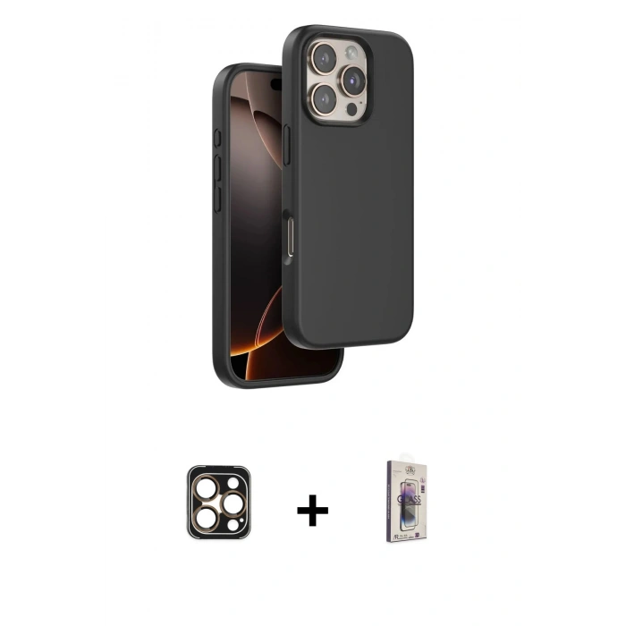 MARSİLYAN™- iPhone 16 Pro Max Kılıf Kıvılcım Çizgi Serisi - Siyah Bilvis 3D Cam Ekran Koruyucu + PVD Metal Kamera Lens - GD