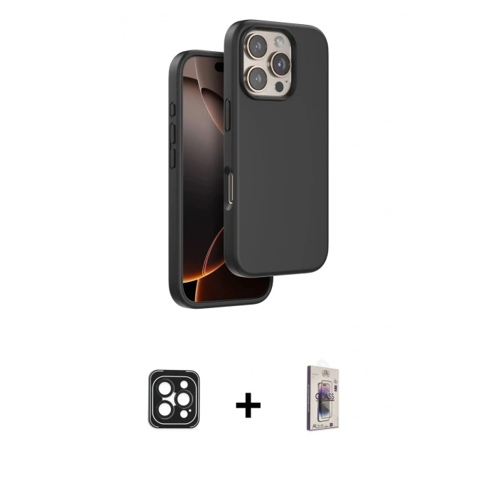 MARSİLYAN™- iPhone 16 Pro Max Kılıf Kıvılcım Çizgi Serisi - Siyah Bilvis 3D Cam Ekran Koruyucu + PVD Metal Kamera Lens - SH