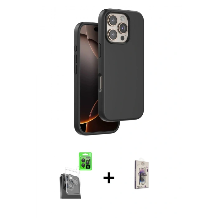 MARSİLYAN™- iPhone 16 Pro Max Kılıf Kıvılcım Çizgi Serisi - Siyah Bilvis 3D Cam Ekran Koruyucu + Raze Metal Kamera Lens - SH