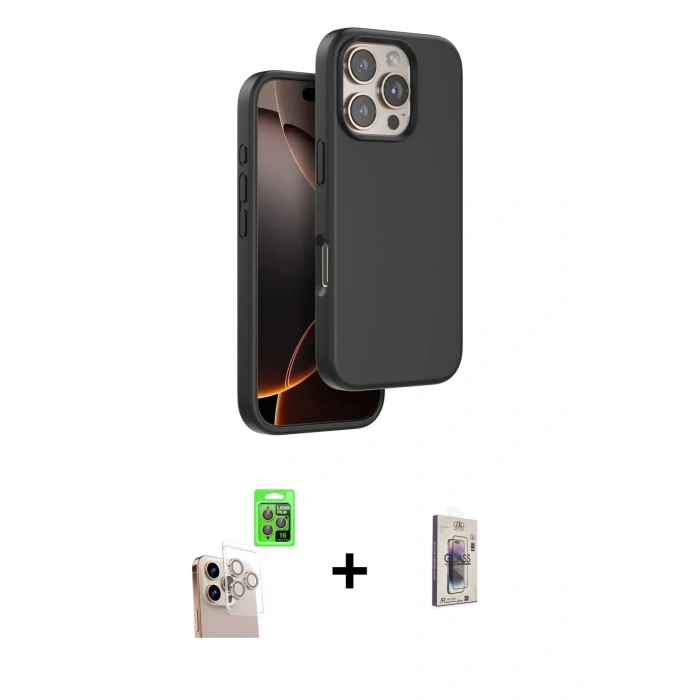 MARSİLYAN™- iPhone 16 Pro Max Kılıf Kıvılcım Çizgi Serisi - Siyah Bilvis 3D Cam Ekran Koruyucu + Raze Metal Kamera Lens - NLGY