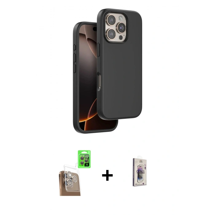 MARSİLYAN™- iPhone 16 Pro Max Kılıf Kıvılcım Çizgi Serisi - Siyah Bilvis 3D Cam Ekran Koruyucu + Raze Metal Kamera Lens - CLTM