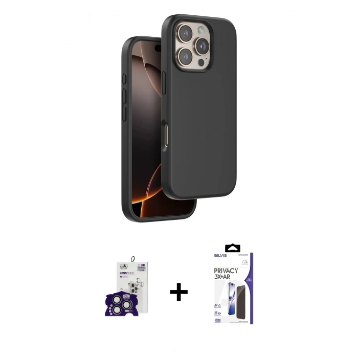 MARSİLYAN™- iPhone 16 Pro Max Kılıf Kıvılcım Çizgi Serisi - Siyah Bilvis 3X AR Hayalet Cam Ekran Koruyucu + Bilvis Titan Kamera Lens - TMGI