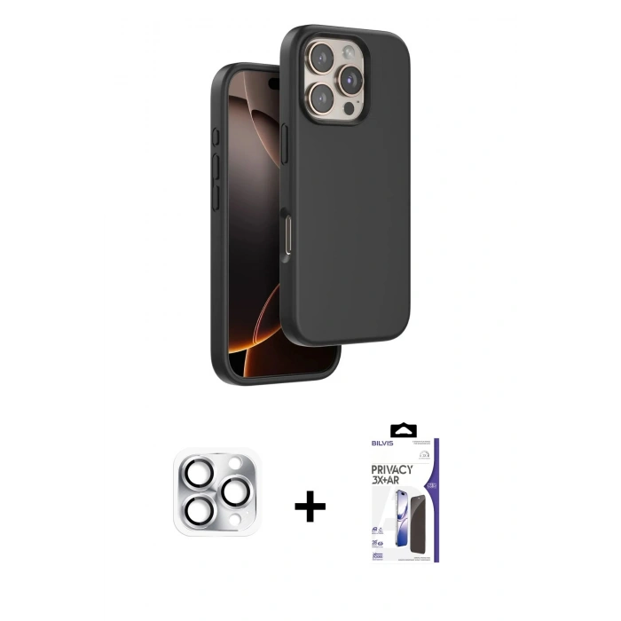 MARSİLYAN™- iPhone 16 Pro Max Kılıf Kıvılcım Çizgi Serisi - Siyah Bilvis 3X AR Hayalet Cam Ekran Koruyucu + Pers Alüminyum Kamera Lens - GS