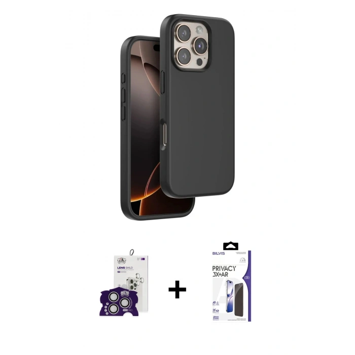 MARSİLYAN™- iPhone 16 Pro Max Kılıf Kıvılcım Çizgi Serisi - Siyah Bilvis 3X AR Hayalet Cam Ekran Koruyucu + Bilvis Titan Kamera Lens - GS