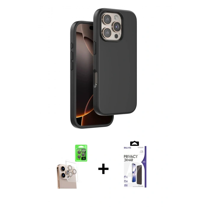 MARSİLYAN™- iPhone 16 Pro Max Kılıf Kıvılcım Çizgi Serisi - Siyah Bilvis 3X AR Hayalet Cam Ekran Koruyucu + Raze Metal Kamera Lens - NLGY