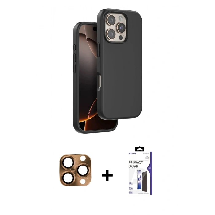 MARSİLYAN™- iPhone 16 Pro Max Kılıf Kıvılcım Çizgi Serisi - Siyah Bilvis 3X AR Hayalet Cam Ekran Koruyucu + Pers Alüminyum Kamera Lens - CLTM