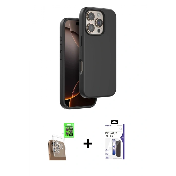 MARSİLYAN™- iPhone 16 Pro Max Kılıf Kıvılcım Çizgi Serisi - Siyah Bilvis 3X AR Hayalet Cam Ekran Koruyucu + Raze Metal Kamera Lens - CLTM