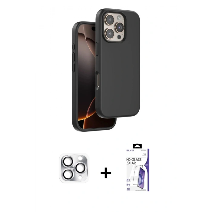 MARSİLYAN™- iPhone 16 Pro Max Kılıf Kıvılcım Çizgi Serisi - Siyah Bilvis 3X AR HD Cam Ekran Koruyucu + Pers Alüminyum Kamera Lens - GS