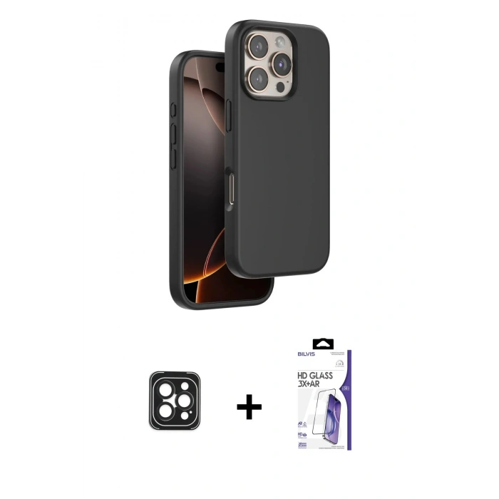 MARSİLYAN™- iPhone 16 Pro Max Kılıf Kıvılcım Çizgi Serisi - Siyah Bilvis 3X AR HD Cam Ekran Koruyucu + PVD Metal Kamera Lens - SH