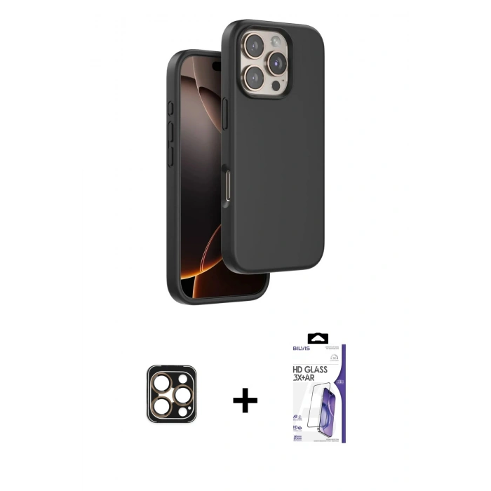 MARSİLYAN™- iPhone 16 Pro Max Kılıf Kıvılcım Çizgi Serisi - Siyah Bilvis 3X AR HD Cam Ekran Koruyucu + PVD Metal Kamera Lens - GD
