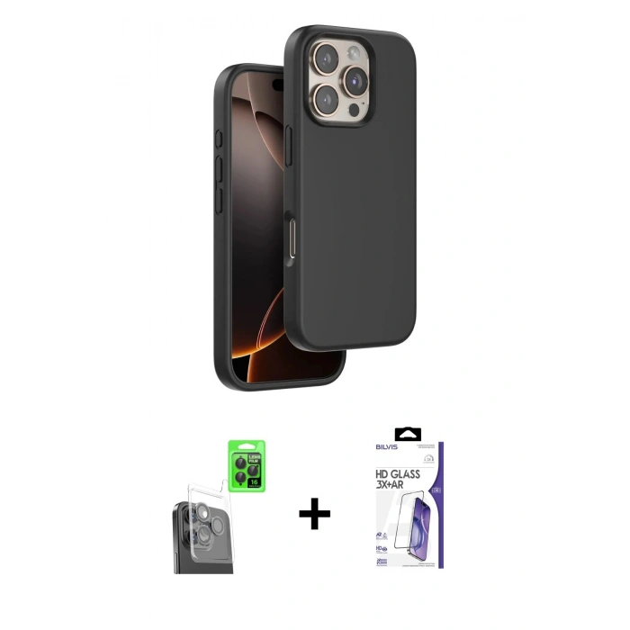 MARSİLYAN™- iPhone 16 Pro Max Kılıf Kıvılcım Çizgi Serisi - Siyah Bilvis 3X AR HD Cam Ekran Koruyucu + Raze Metal Kamera Lens - SH