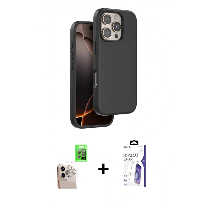 MARSİLYAN™- iPhone 16 Pro Max Kılıf Kıvılcım Çizgi Serisi - Siyah Bilvis 3X AR HD Cam Ekran Koruyucu + Raze Metal Kamera Lens - NLGY