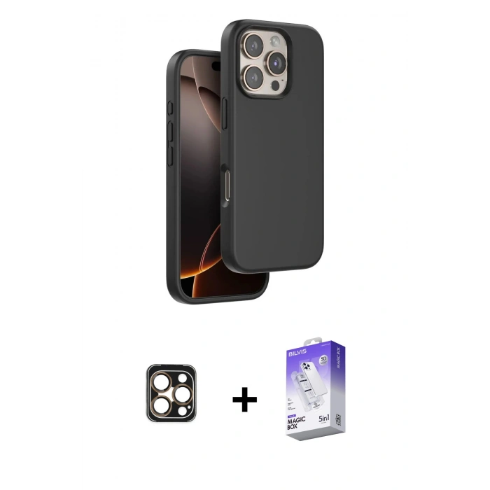 MARSİLYAN™- iPhone 16 Pro Max Kılıf Kıvılcım Çizgi Serisi - Siyah Bilvis 5in1 3D Magic Cam Ekran Koruyucu + PVD Metal Kamera Lens - GD