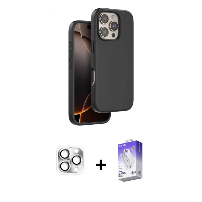 MARSİLYAN™- iPhone 16 Pro Max Kılıf Kıvılcım Çizgi Serisi - Siyah Bilvis 5in1 3D Magic Cam Ekran Koruyucu + Gümüş Pers Alüminyum Kamera Lens