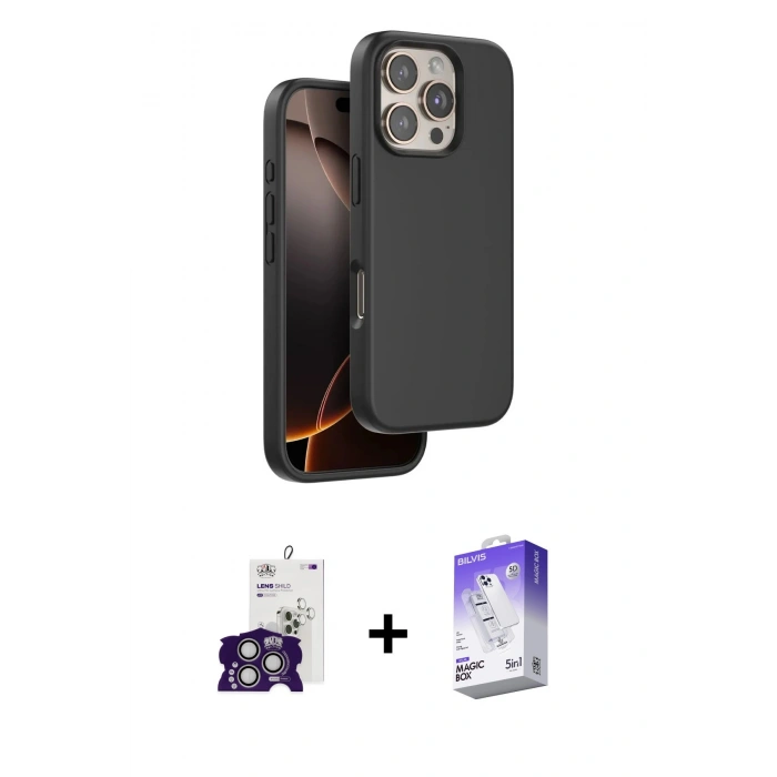 MARSİLYAN™- iPhone 16 Pro Max Kılıf Kıvılcım Çizgi Serisi - Siyah Bilvis 5in1 3D Magic Cam Ekran Koruyucu + Bilvis Titan Kamera Lens - GS