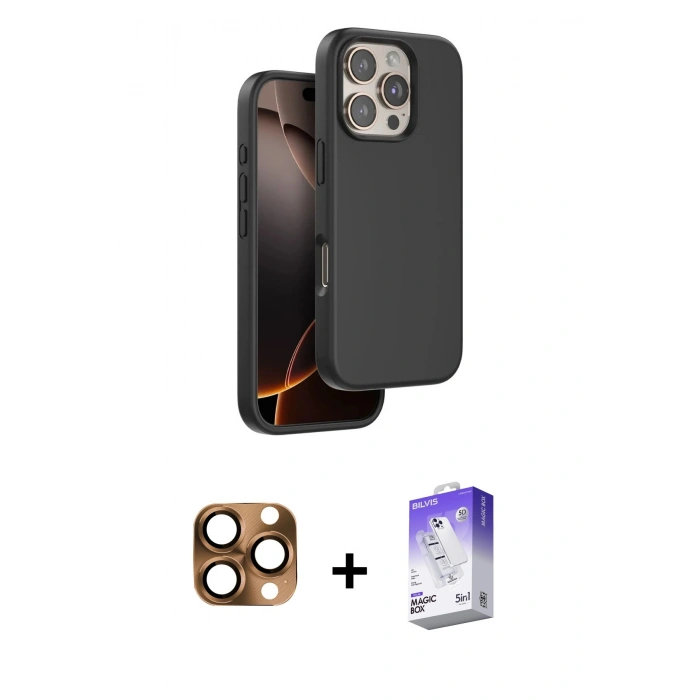 MARSİLYAN™- iPhone 16 Pro Max Kılıf Kıvılcım Çizgi Serisi - Siyah Bilvis 5in1 3D Magic Cam Ekran Koruyucu + Çöl Titanyum Pers Alüminyum Kamera Lens