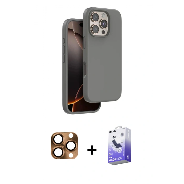 MARSİLYAN™- iPhone 16 Pro Max Kılıf Kıvılcım Çizgi Serisi - Siyah Bilvis 5in1 5D Magic Hayalet Cam Ekran Koruyucu + Çöl Titanyum Pers Alüminyum Kamera Lens
