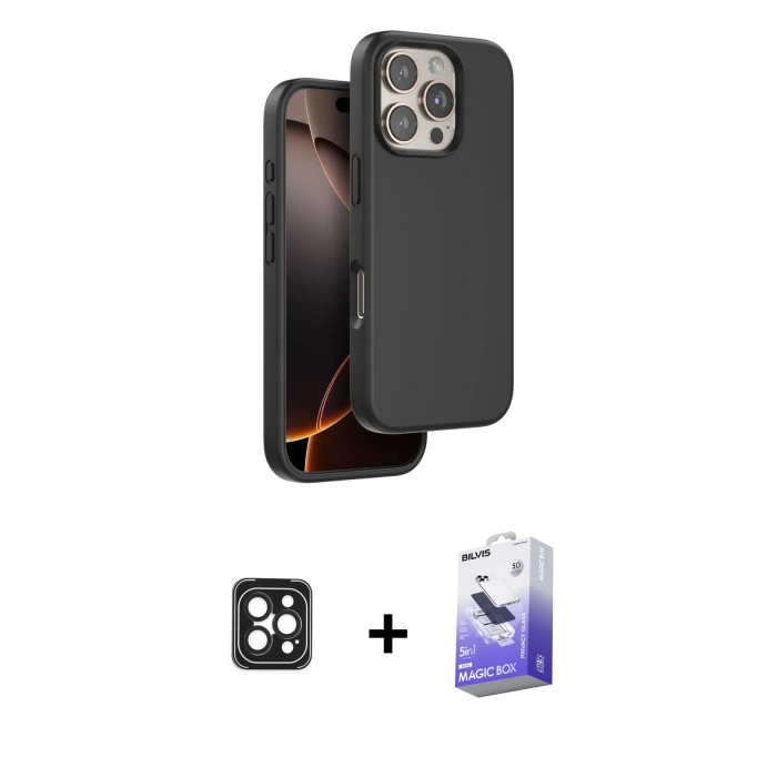 MARSİLYAN™- iPhone 16 Pro Max Kılıf Kıvılcım Çizgi Serisi - Siyah Bilvis 5in1 5D Magic Hayalet Cam Ekran Koruyucu + Siyah PVD Metal Kamera Lens