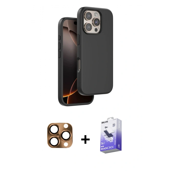 MARSİLYAN™- iPhone 16 Pro Max Kılıf Kıvılcım Çizgi Serisi - Siyah Bilvis 5in1 5D Magic Hayalet Cam Ekran Koruyucu + Çöl Titanyum Pers Alüminyum Kamera Lens