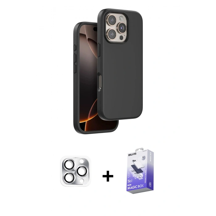 MARSİLYAN™- iPhone 16 Pro Max Kılıf Kıvılcım Çizgi Serisi - Siyah Bilvis 5in1 5D Magic Hayalet Cam Ekran Koruyucu + Pers Alüminyum Kamera Lens - GS