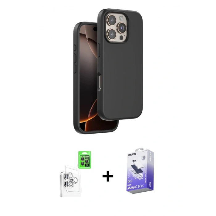 MARSİLYAN™- iPhone 16 Pro Max Kılıf Kıvılcım Çizgi Serisi - Siyah Bilvis 5in1 5D Magic Hayalet Cam Ekran Koruyucu + Raze Metal Kamera Lens - BZ
