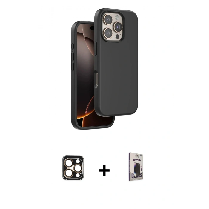 MARSİLYAN™- iPhone 16 Pro Max Kılıf Kıvılcım Çizgi Serisi - Siyah Bilvis Hayalet Cam Ekran Koruyucu + PVD Metal Kamera Lens - GD