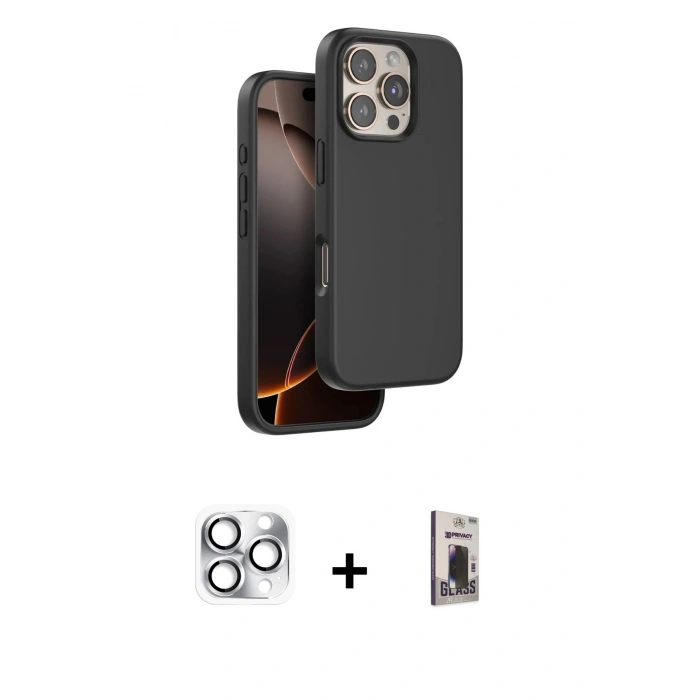 MARSİLYAN™- iPhone 16 Pro Max Kılıf Kıvılcım Çizgi Serisi - Siyah Bilvis Hayalet Cam Ekran Koruyucu + Pers Alüminyum Kamera Lens - GS