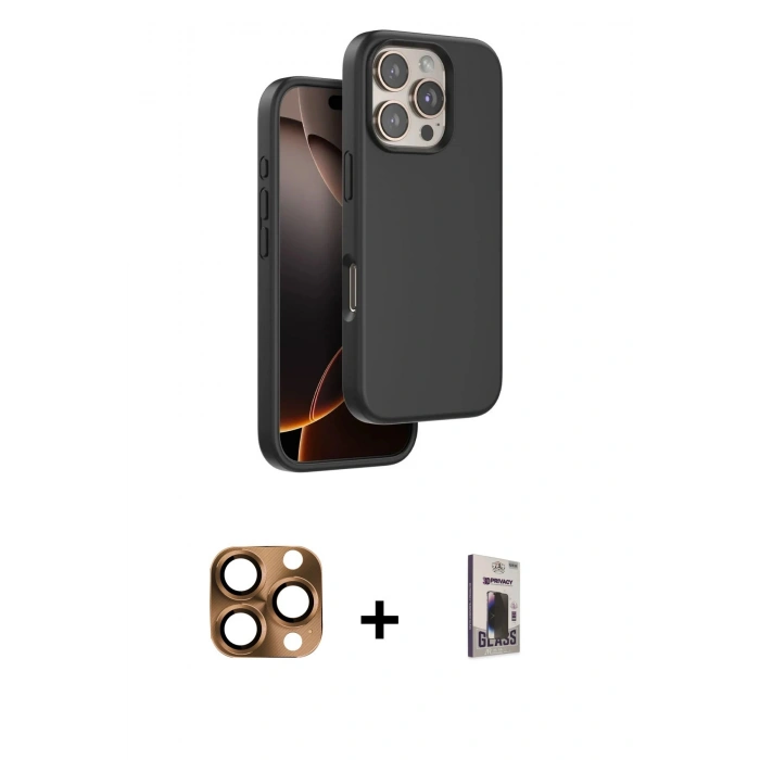 MARSİLYAN™- iPhone 16 Pro Max Kılıf Kıvılcım Çizgi Serisi - Siyah Bilvis Hayalet Cam Ekran Koruyucu + Pers Alüminyum Kamera Lens - CLTM
