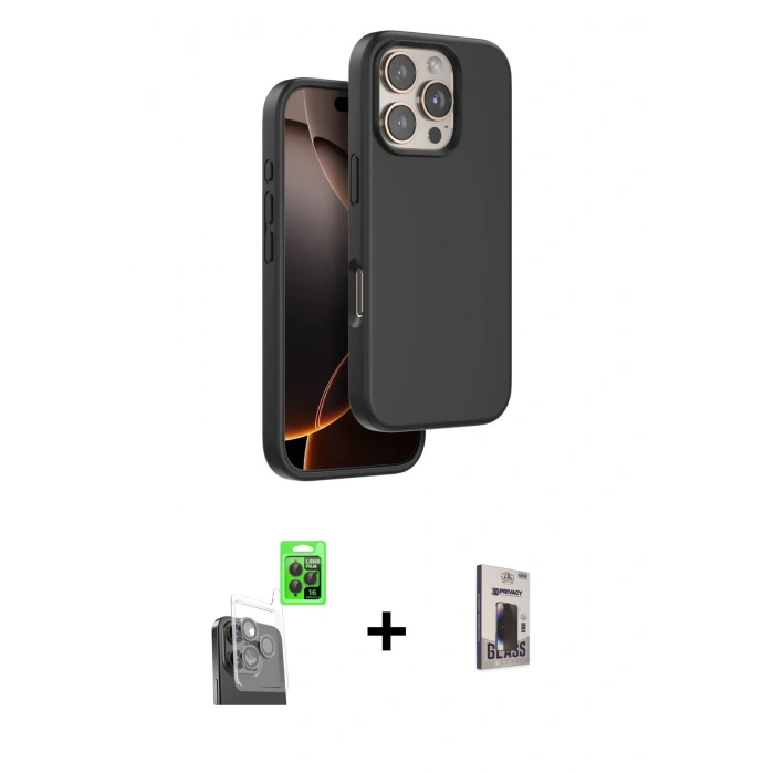 MARSİLYAN™- iPhone 16 Pro Max Kılıf Kıvılcım Çizgi Serisi - Siyah Bilvis Hayalet Cam Ekran Koruyucu + Raze Metal Kamera Lens - SH