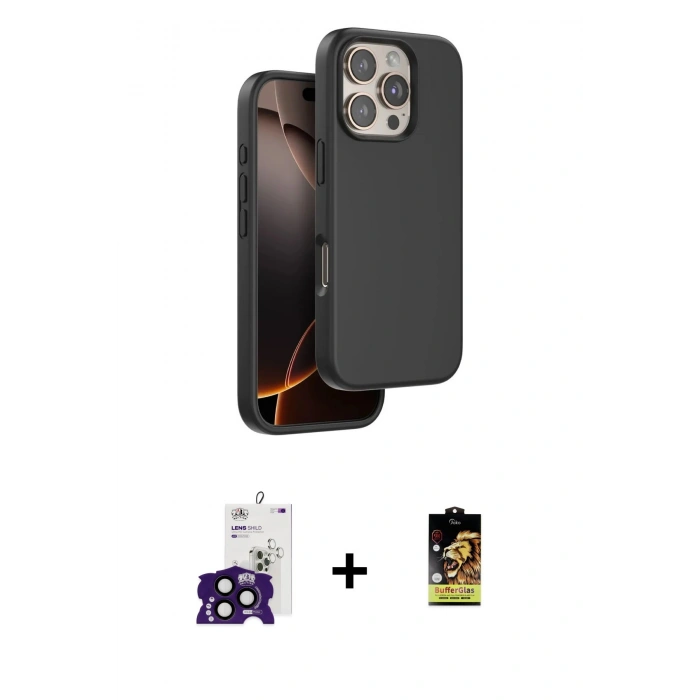 MARSİLYAN™- iPhone 16 Pro Max Kılıf Kıvılcım Çizgi Serisi - Siyah Buffer Cam Ekran Koruyucu + Bilvis Titan Kamera Lens - SH