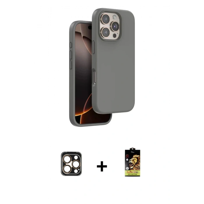 MARSİLYAN™- iPhone 16 Pro Max Kılıf Kıvılcım Çizgi Serisi - Siyah Buffer Cam Ekran Koruyucu + Gold PVD Metal Kamera Lens