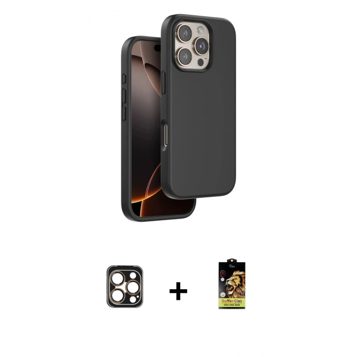 MARSİLYAN™- iPhone 16 Pro Max Kılıf Kıvılcım Çizgi Serisi - Siyah Buffer Cam Ekran Koruyucu + Gold PVD Metal Kamera Lens