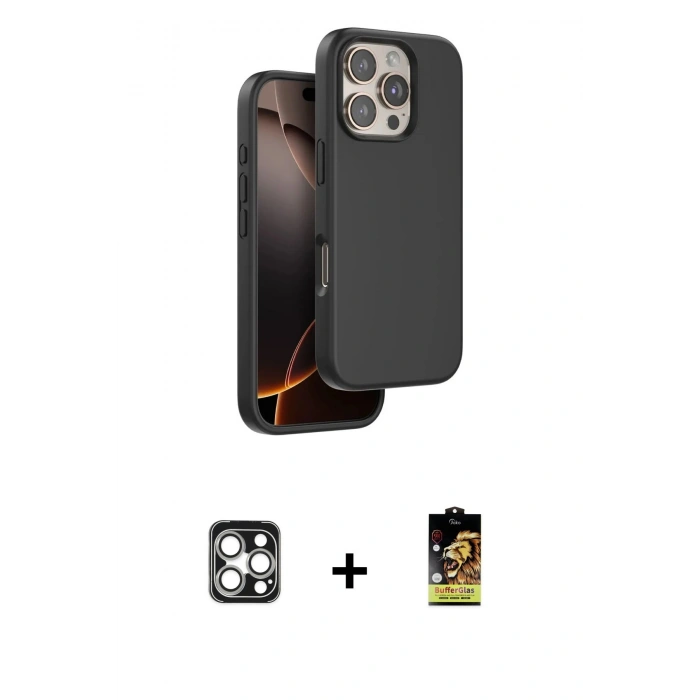 MARSİLYAN™- iPhone 16 Pro Max Kılıf Kıvılcım Çizgi Serisi - Siyah Buffer Cam Ekran Koruyucu + PVD Metal Kamera Lens - GS