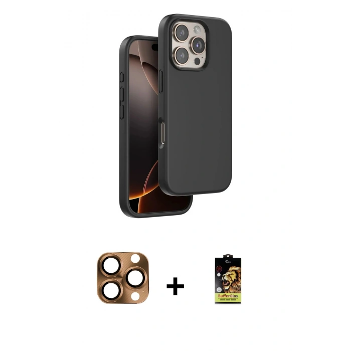 MARSİLYAN™- iPhone 16 Pro Max Kılıf Kıvılcım Çizgi Serisi - Siyah Buffer Cam Ekran Koruyucu + Pers Alüminyum Kamera Lens - CLTM
