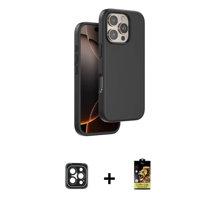 MARSİLYAN™- iPhone 16 Pro Max Kılıf Kıvılcım Çizgi Serisi - Siyah Buffer Cam Ekran Koruyucu + PVD Metal Kamera Lens - SH