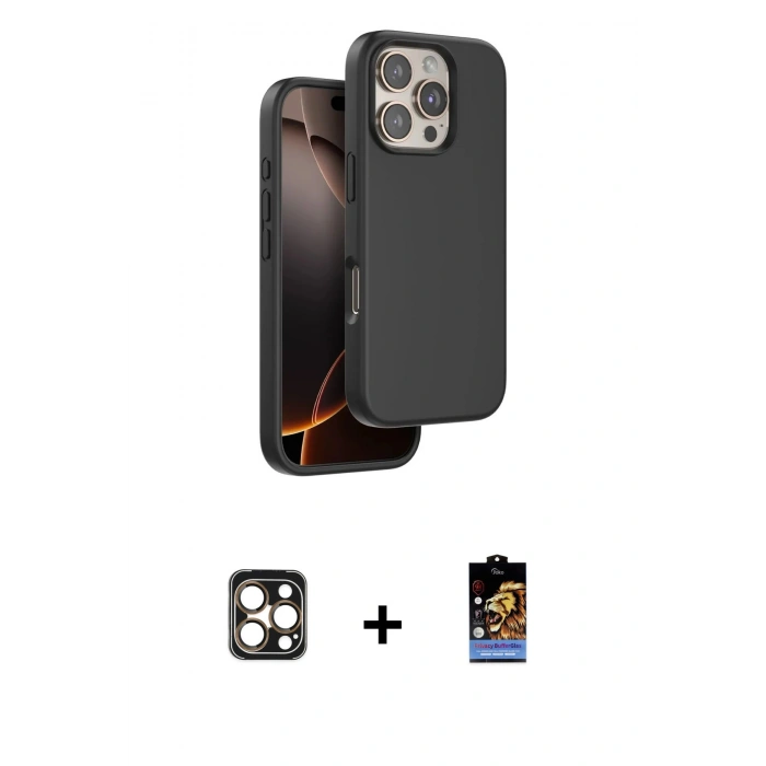 MARSİLYAN™- iPhone 16 Pro Max Kılıf Kıvılcım Çizgi Serisi - Siyah Buffer Hayalet Cam Ekran Koruyucu + PVD Metal Kamera Lens - GD