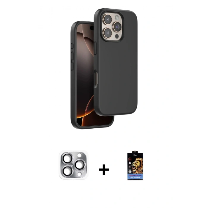MARSİLYAN™- iPhone 16 Pro Max Kılıf Kıvılcım Çizgi Serisi - Siyah Buffer Hayalet Cam Ekran Koruyucu + Pers Alüminyum Kamera Lens - GI
