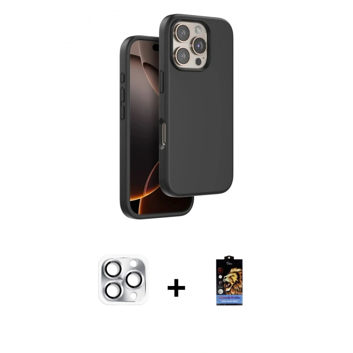MARSİLYAN™- iPhone 16 Pro Max Kılıf Kıvılcım Çizgi Serisi - Siyah Buffer Hayalet Cam Ekran Koruyucu + Pers Alüminyum Kamera Lens - GS