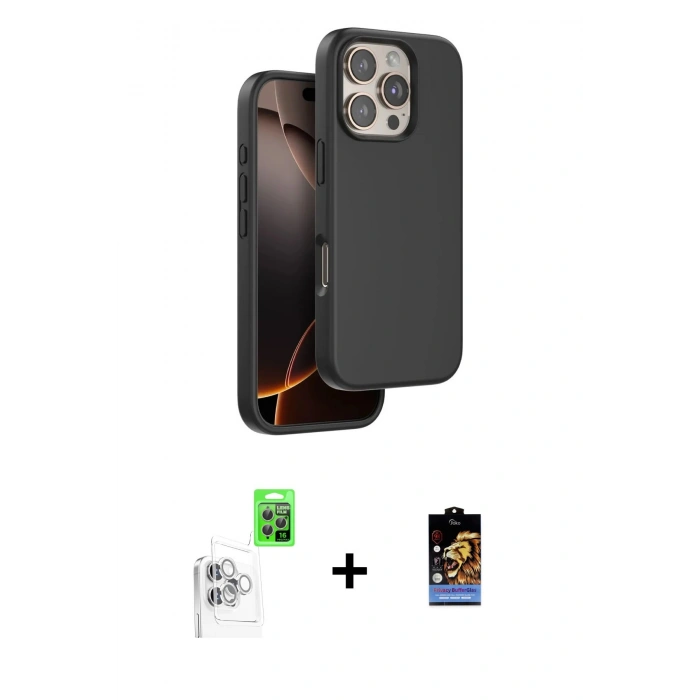 MARSİLYAN™- iPhone 16 Pro Max Kılıf Kıvılcım Çizgi Serisi - Siyah Buffer Hayalet Cam Ekran Koruyucu + Raze Metal Kamera Lens - BZ