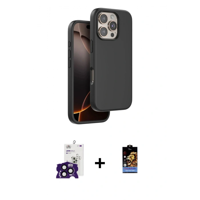 MARSİLYAN™- iPhone 16 Pro Max Kılıf Kıvılcım Çizgi Serisi - Siyah Buffer Hayalet Cam Ekran Koruyucu + Siyah Bilvis Titan Kamera Lens
