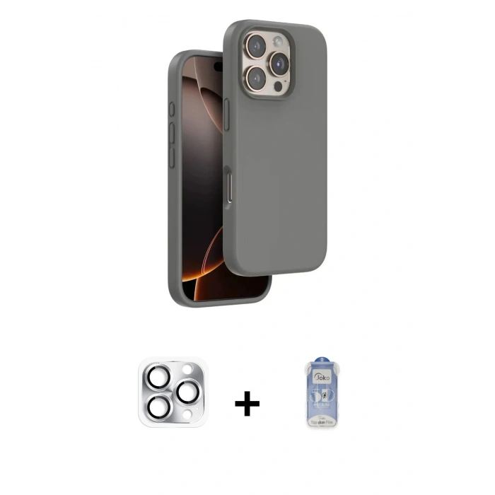 MARSİLYAN™- iPhone 16 Pro Max Kılıf Kıvılcım Çizgi Serisi - Siyah Joko Magic 5D Cam + Gümüş Pers Alüminyum Kamera Lens