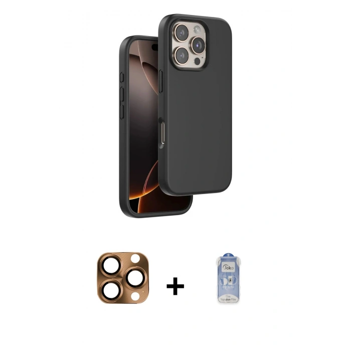 MARSİLYAN™- iPhone 16 Pro Max Kılıf Kıvılcım Çizgi Serisi - Siyah Joko Magic 5D Cam + Pers Alüminyum Kamera Lens - CLTM