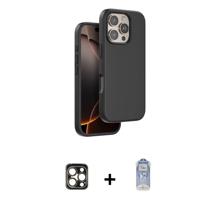 MARSİLYAN™- iPhone 16 Pro Max Kılıf Kıvılcım Çizgi Serisi - Siyah Joko Magic 5D Cam + PVD Metal Kamera Lens - GD