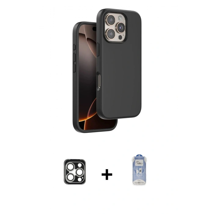 MARSİLYAN™- iPhone 16 Pro Max Kılıf Kıvılcım Çizgi Serisi - Siyah Joko Magic 5D Cam + PVD Metal Kamera Lens - GS
