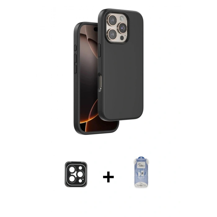 MARSİLYAN™- iPhone 16 Pro Max Kılıf Kıvılcım Çizgi Serisi - Siyah Joko Magic 5D Cam + PVD Metal Kamera Lens - SH
