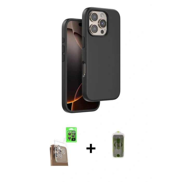 MARSİLYAN™- iPhone 16 Pro Max Kılıf Kıvılcım Çizgi Serisi - Siyah Joko Magic 5D Hayalet Cam + Çöl Titanyum Raze Metal Kamera Lens