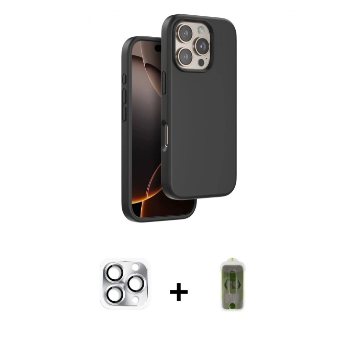 MARSİLYAN™- iPhone 16 Pro Max Kılıf Kıvılcım Çizgi Serisi - Siyah Joko Magic 5D Hayalet Cam + Pers Alüminyum Kamera Lens - GS