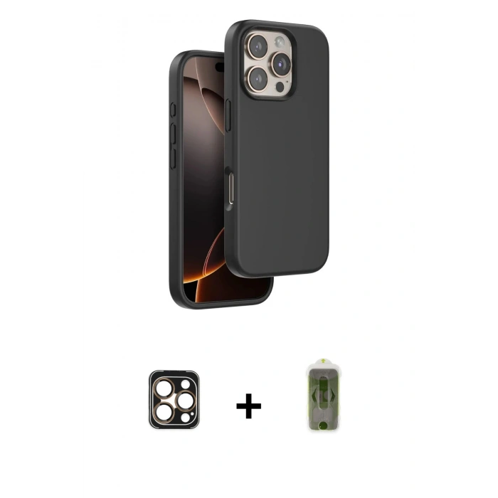 MARSİLYAN™- iPhone 16 Pro Max Kılıf Kıvılcım Çizgi Serisi - Siyah Joko Magic 5D Hayalet Cam + PVD Metal Kamera Lens - GD